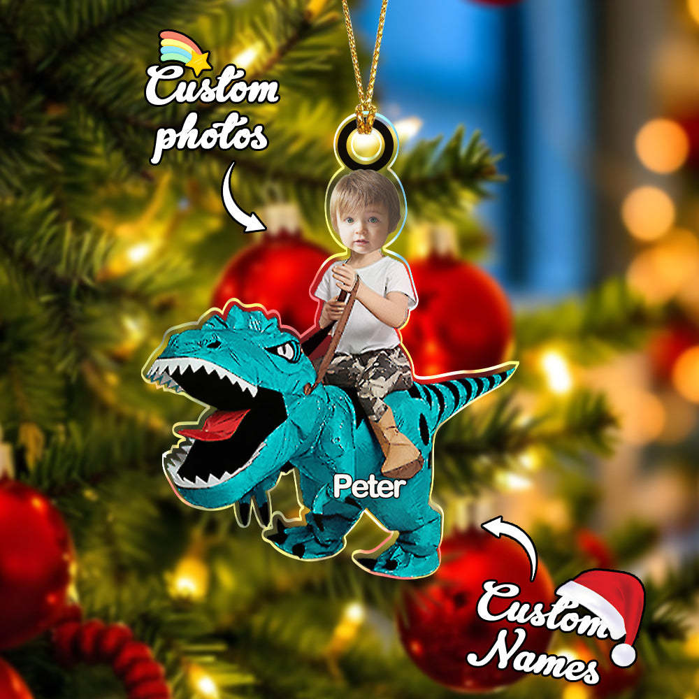 Personalized Cute Kid Rides The Dinosaurus Ornament with Name Christmas Ornament Gift - Get Photo Blanket