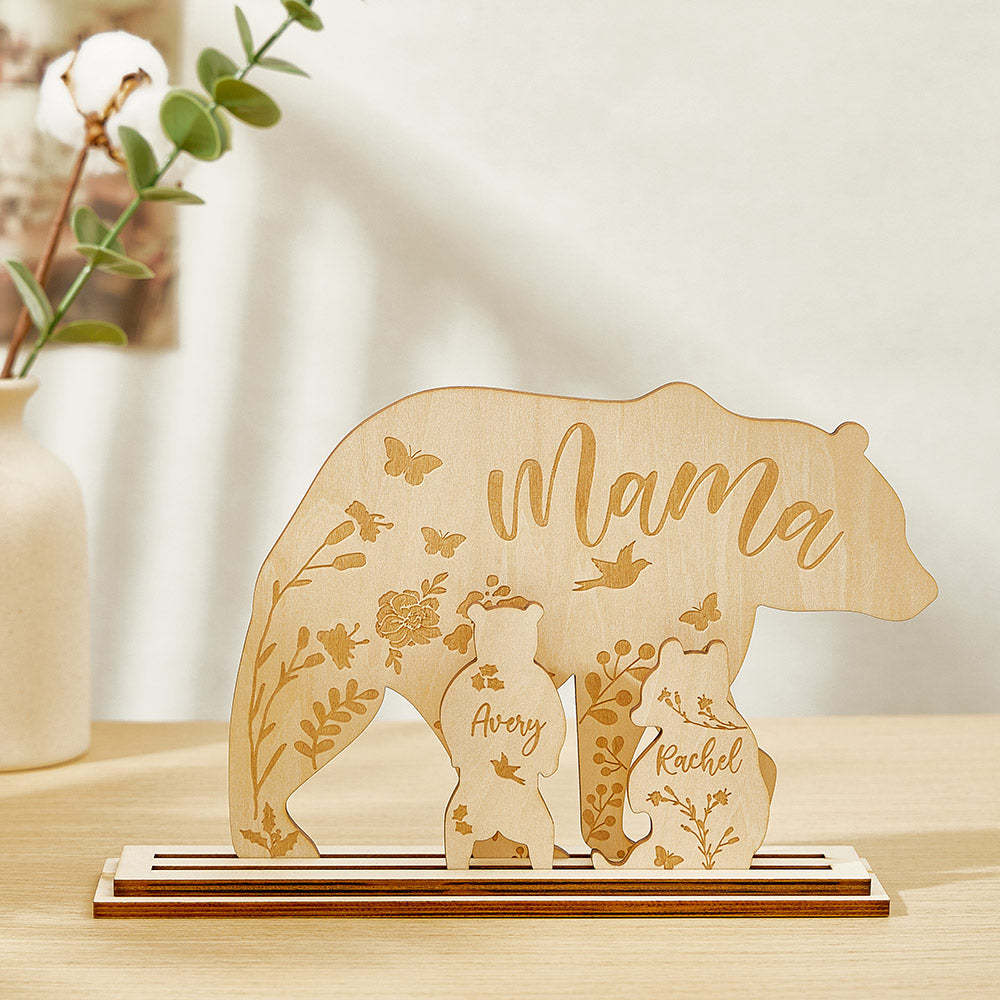 Personalized Mama Bear with Cubs Wood Desk Decor Gift for Mom - Get Photo Blanket