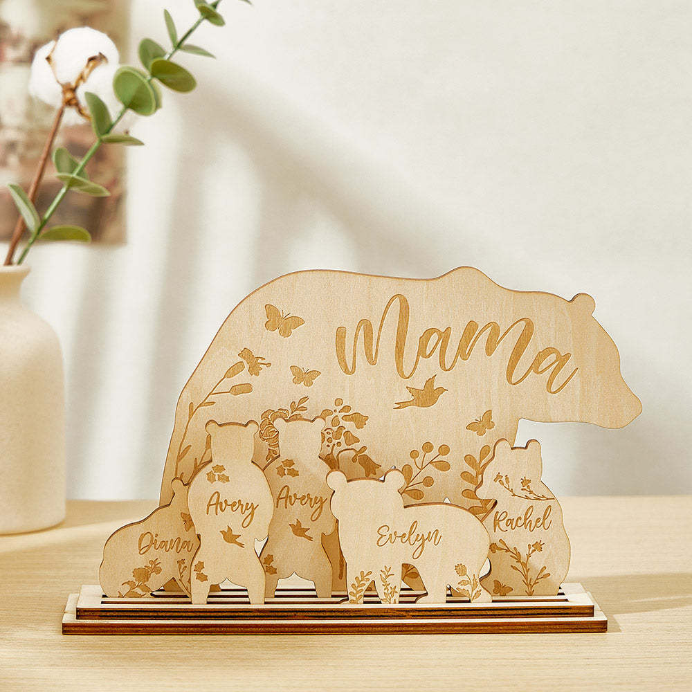 Personalized Mama Bear with Cubs Wood Desk Decor Gift for Mom - Get Photo Blanket