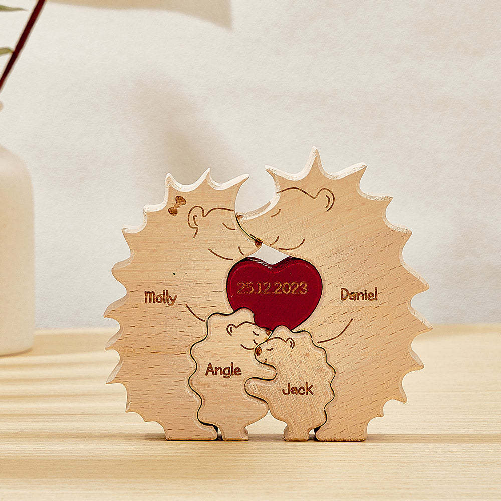 Custom Wooden Hedgehog Puzzle Personalized Hedgehog Family Names Puzzle Home Decor Gifts - Get Photo Blanket