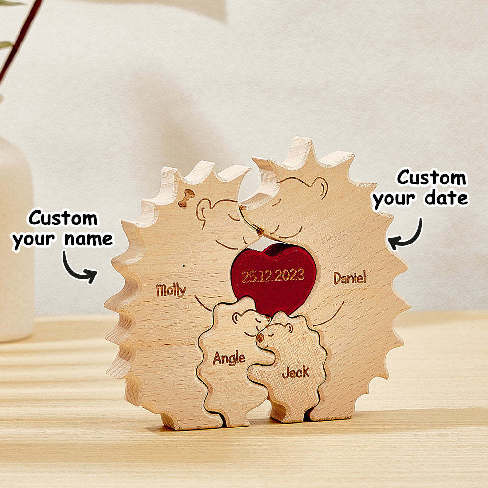 Custom Wooden Hedgehog Puzzle Personalized Hedgehog Family Names Puzzle Home Decor Gifts - Get Photo Blanket