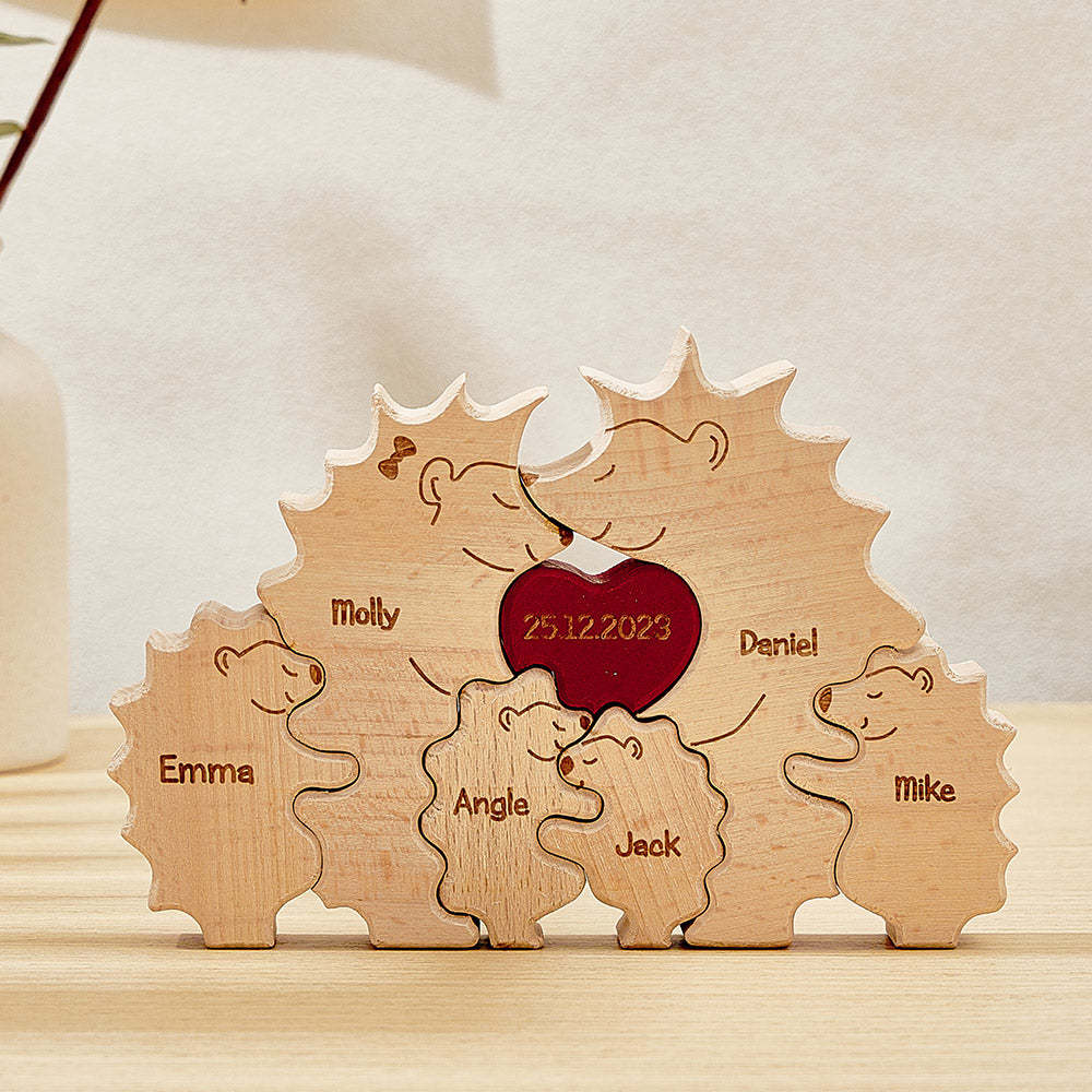 Custom Wooden Hedgehog Puzzle Personalized Hedgehog Family Names Puzzle Home Decor Gifts - Get Photo Blanket