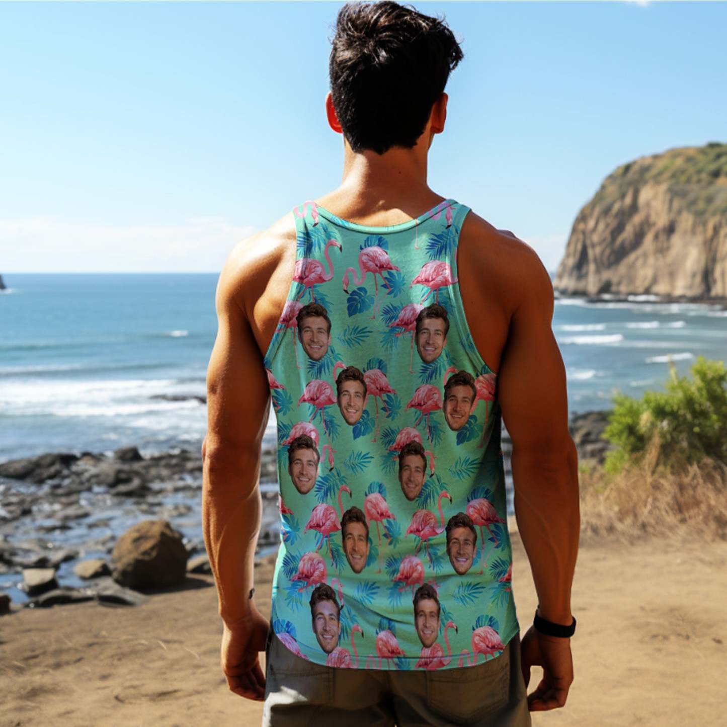 Custom Face Tank Tops Flamingo Tropical Tops For Men All Over Printed Green And Palm Leaves - Get Photo Blanket