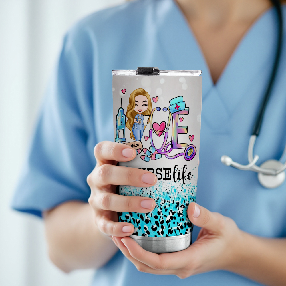 Custom Tumbler Cup Medical Gift for Nurse Love Nurselife Scrubs Cartoon Nurse