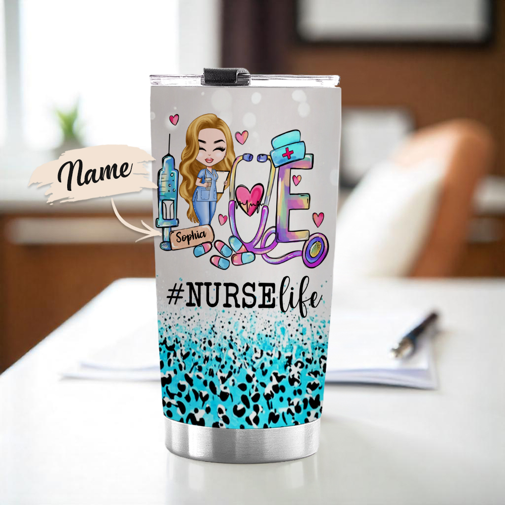 Custom Tumbler Cup Medical Gift for Nurse Love Nurselife Scrubs Cartoon Nurse