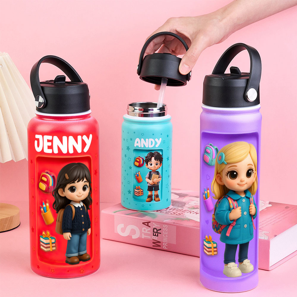 Custom Photo 3D Inflated Effect Printed Kids Water Bottle - Personalized Back To School Gifts For Kids - Get Photo Blanket