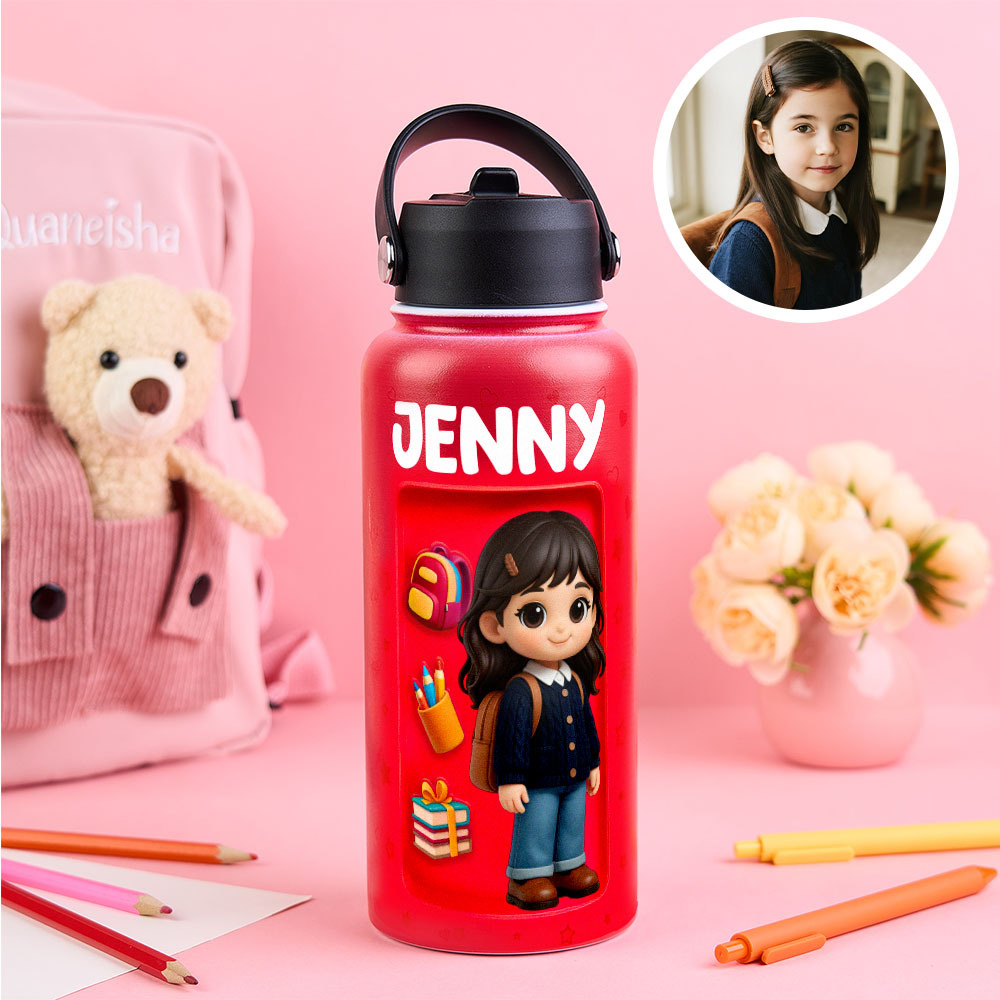 Custom Photo 3D Inflated Effect Printed Kids Water Bottle - Personalized Back To School Gifts For Kids - Get Photo Blanket