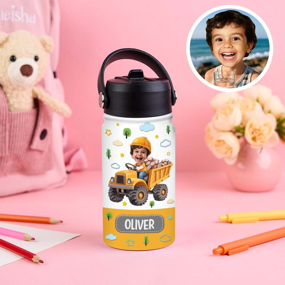 Custom Photo And Name Printed Kids Water Bottle Gift For Kids With Engineering Vehicles - Get Photo Blanket