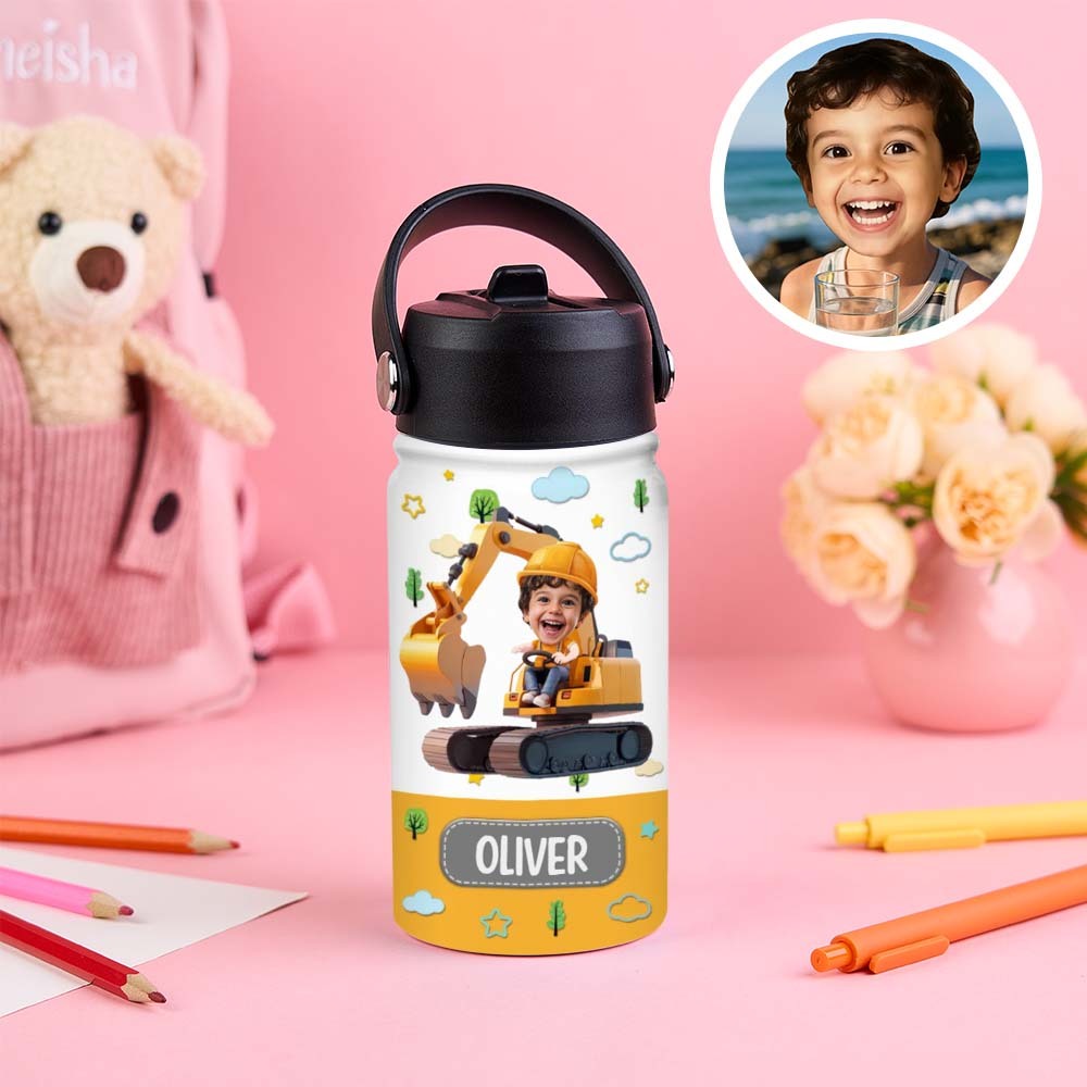 Custom Photo And Name Printed Kids Water Bottle Gift For Kids With Engineering Vehicles - Get Photo Blanket
