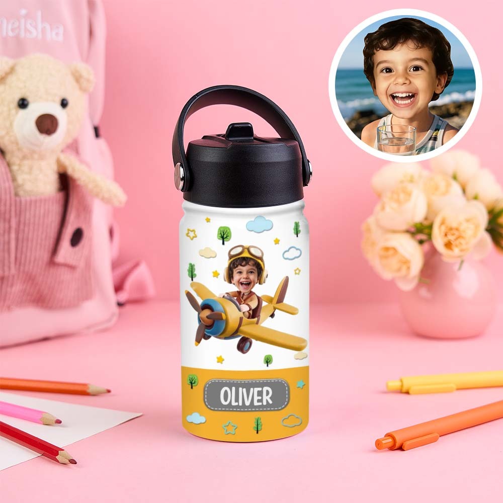 Custom Photo And Name Printed Kids Water Bottle Gift For Kids With Engineering Vehicles - Get Photo Blanket