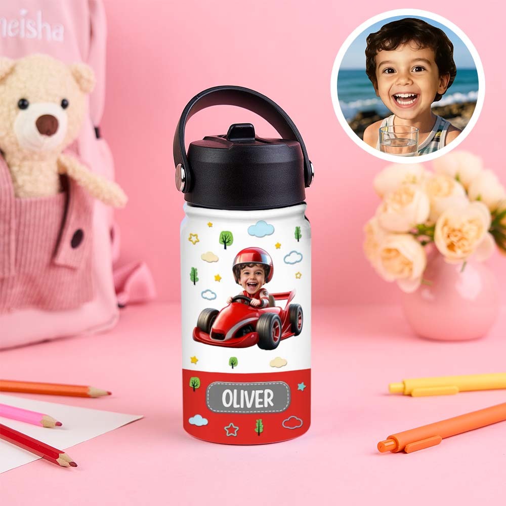 Custom Photo And Name Printed Kids Water Bottle Gift For Kids With Engineering Vehicles - Get Photo Blanket