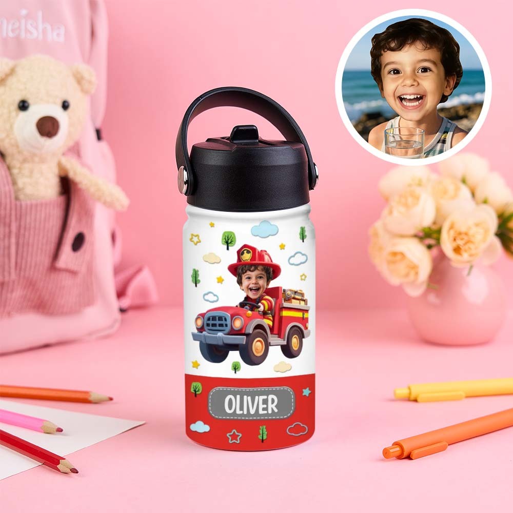 Custom Photo And Name Printed Kids Water Bottle Gift For Kids With Engineering Vehicles - Get Photo Blanket