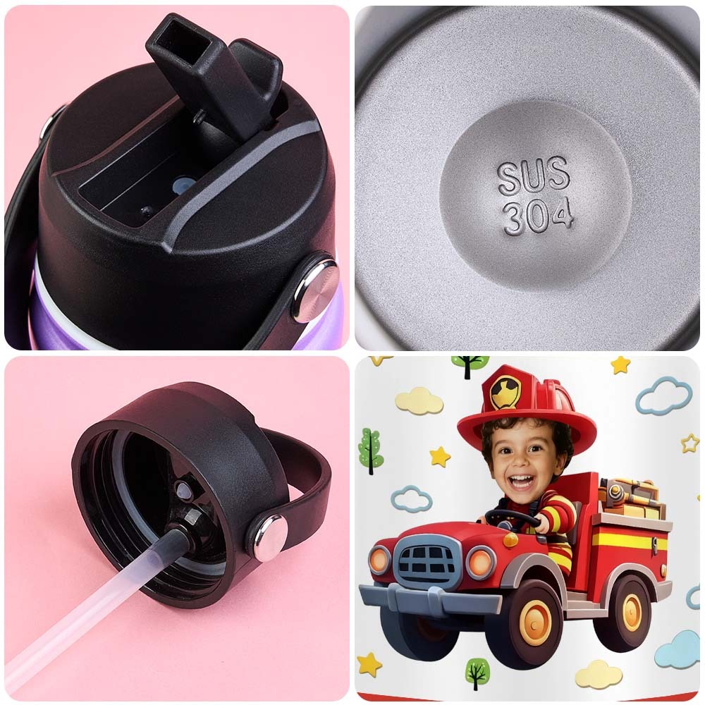 Custom Photo And Name Printed Kids Water Bottle Gift For Kids With Engineering Vehicles - Get Photo Blanket