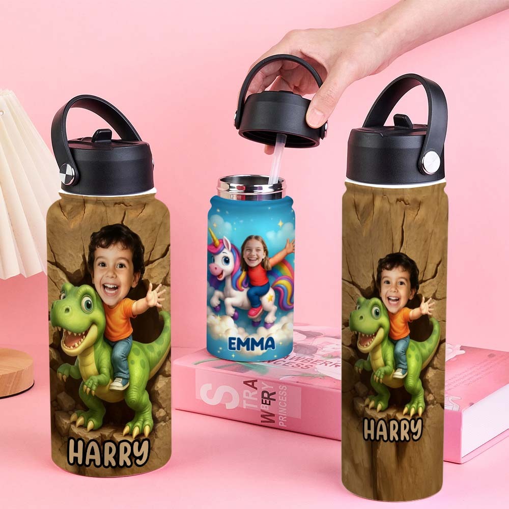 Custom Photo 3D Inflated Effect Printed Kids Water Bottle - Personalized Back To School Gifts For Kids - Roar Into Every Adventure - Get Photo Blanket