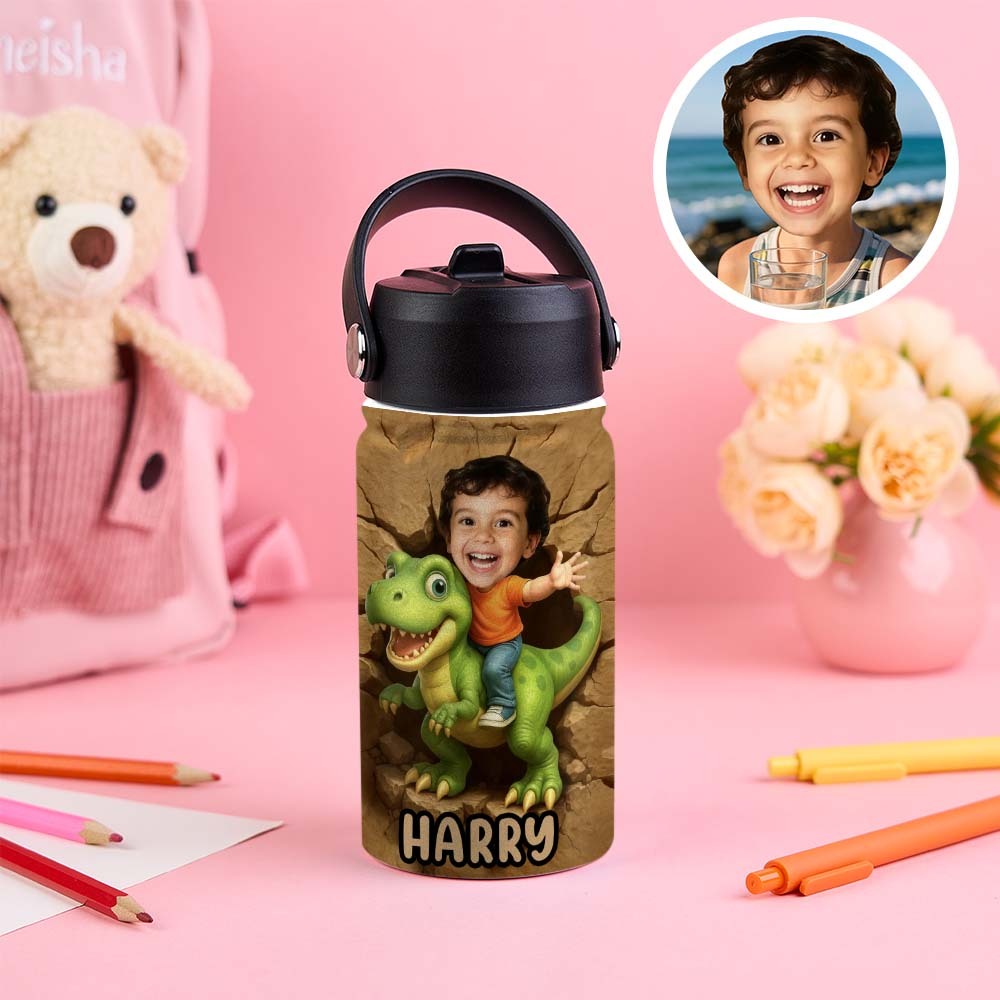 Custom Photo 3D Inflated Effect Printed Kids Water Bottle - Personalized Back To School Gifts For Kids - Roar Into Every Adventure - Get Photo Blanket