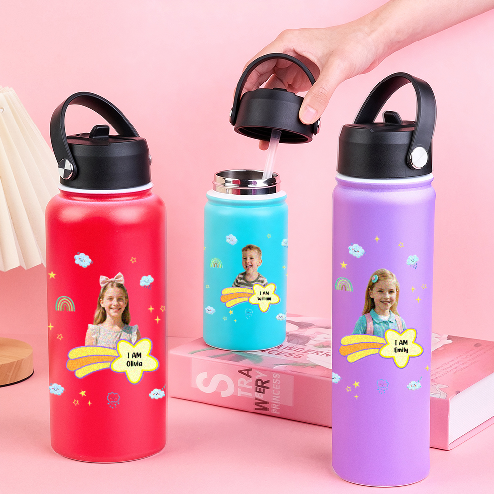 Personalized Kids Water Bottle with Custom Portrait Personalized Name & Photo | Colorful & Fun Gift