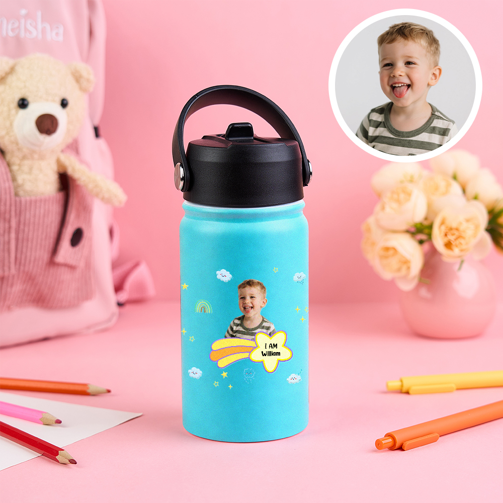 Personalized Kids Water Bottle with Custom Portrait Personalized Name & Photo | Colorful & Fun Gift - Get Photo Blanket