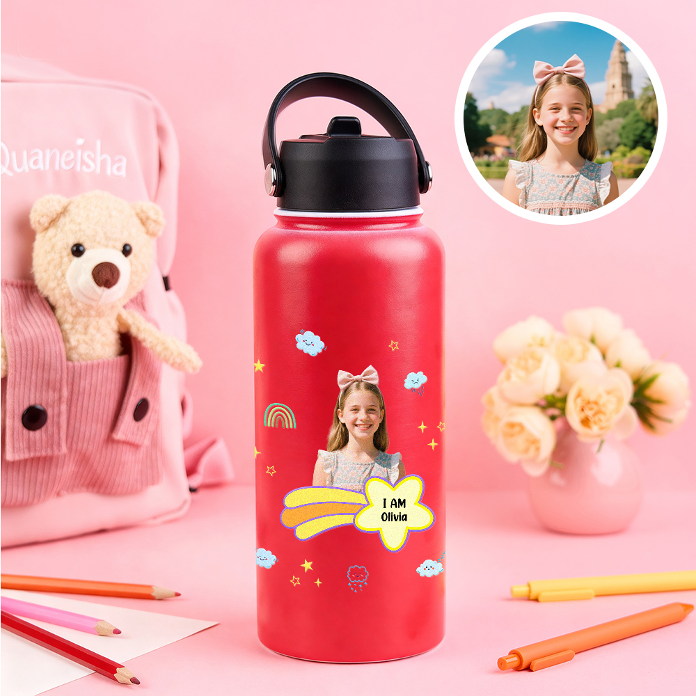 Personalized Kids Water Bottle with Custom Portrait Personalized Name & Photo | Colorful & Fun Gift - Get Photo Blanket