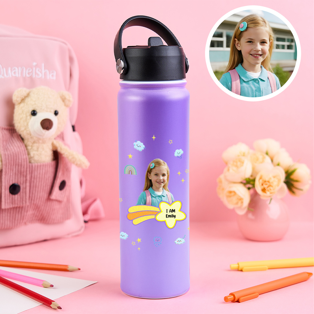 Personalized Kids Water Bottle with Custom Portrait Personalized Name & Photo | Colorful & Fun Gift - Get Photo Blanket