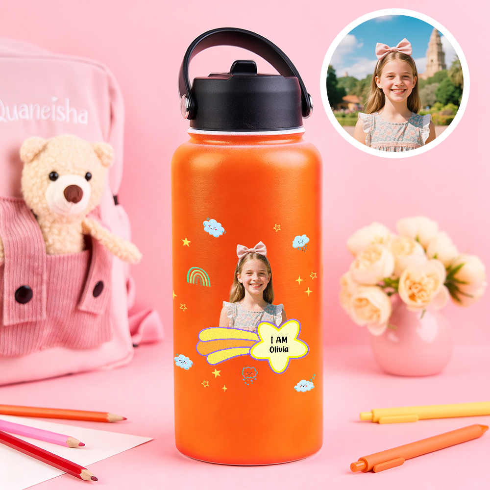 Personalized Kids Water Bottle with Custom Portrait Personalized Name & Photo | Colorful & Fun Gift - Get Photo Blanket