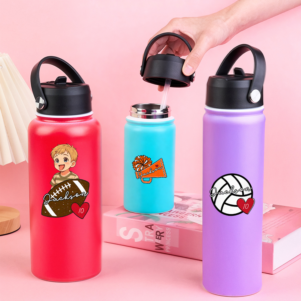 Custom Cartoon Sports Kids Water Bottle Personalized Name & Photo Colorful & Fun Gift Multiple Colors Available