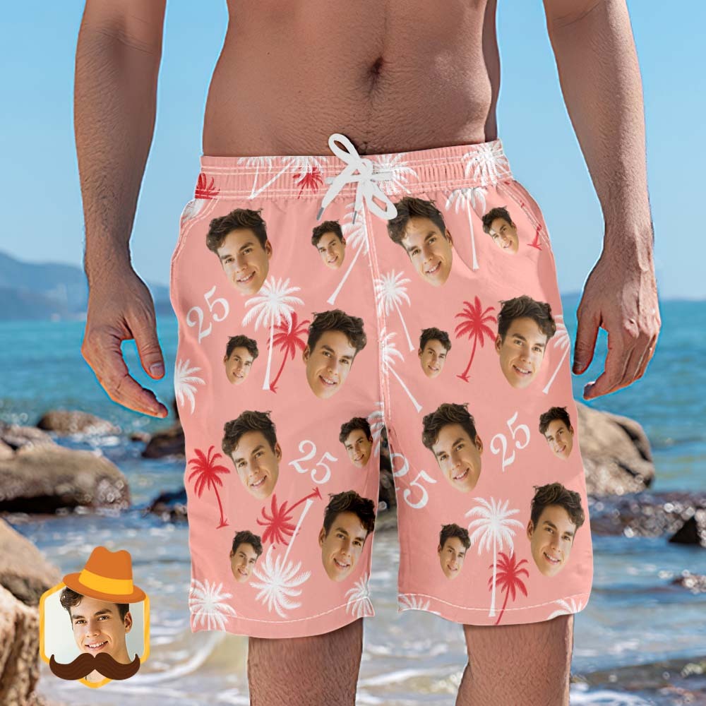 Custom Face And Number Birthday Beach Shorts Red And White Coconut Tree Beach Trunks - MyHawaiianShirts
