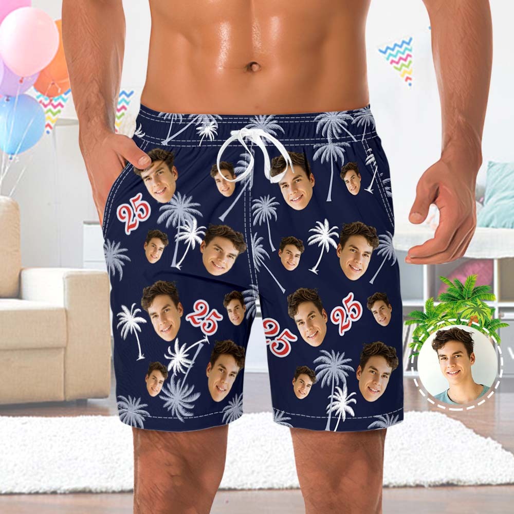 Custom Face And Number Birthday Beach Shorts Red And White Coconut Tree Beach Trunks - MyHawaiianShirts