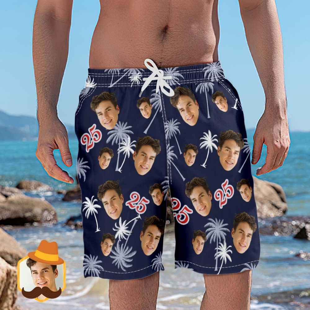 Custom Face And Number Birthday Beach Shorts Red And White Coconut Tree Beach Trunks - MyHawaiianShirts