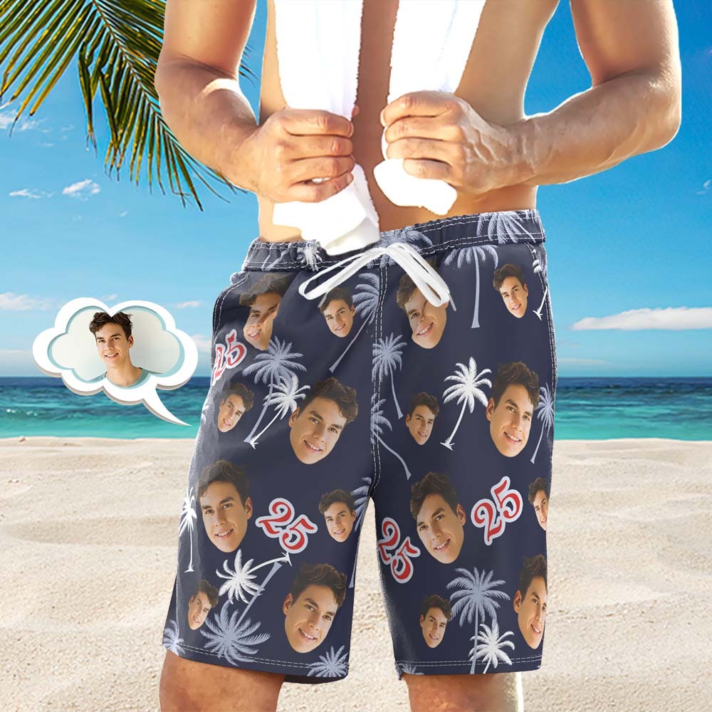 Custom Face And Number Birthday Beach Shorts Red And White Coconut Tree Beach Trunks - MyHawaiianShirts