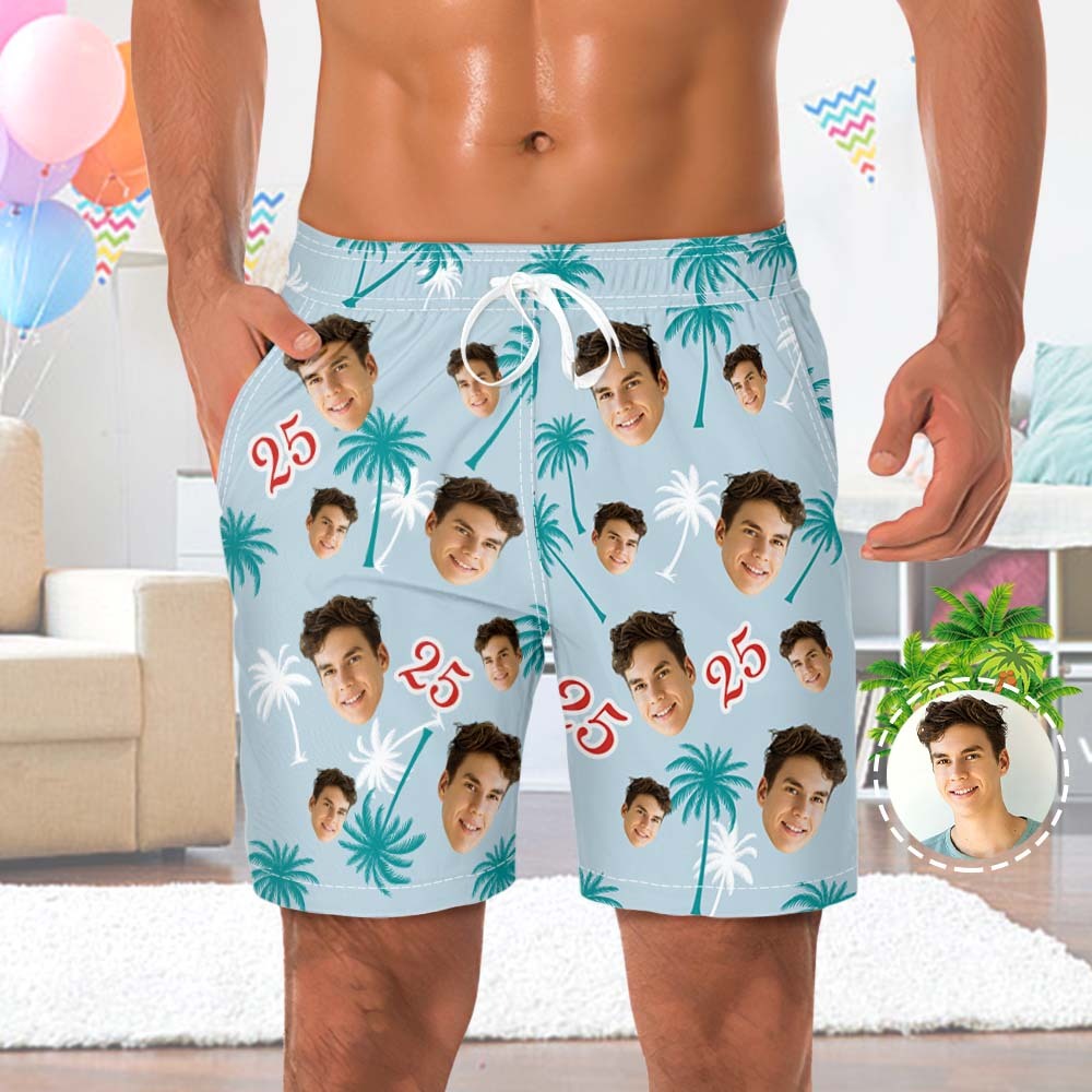 Custom Face And Number Birthday Beach Shorts Red And White Coconut Tree Beach Trunks - MyHawaiianShirts
