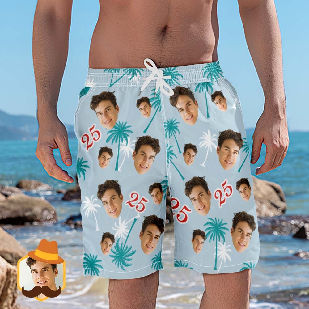 Custom Face And Number Birthday Beach Shorts Red And White Coconut Tree Beach Trunks - MyHawaiianShirts