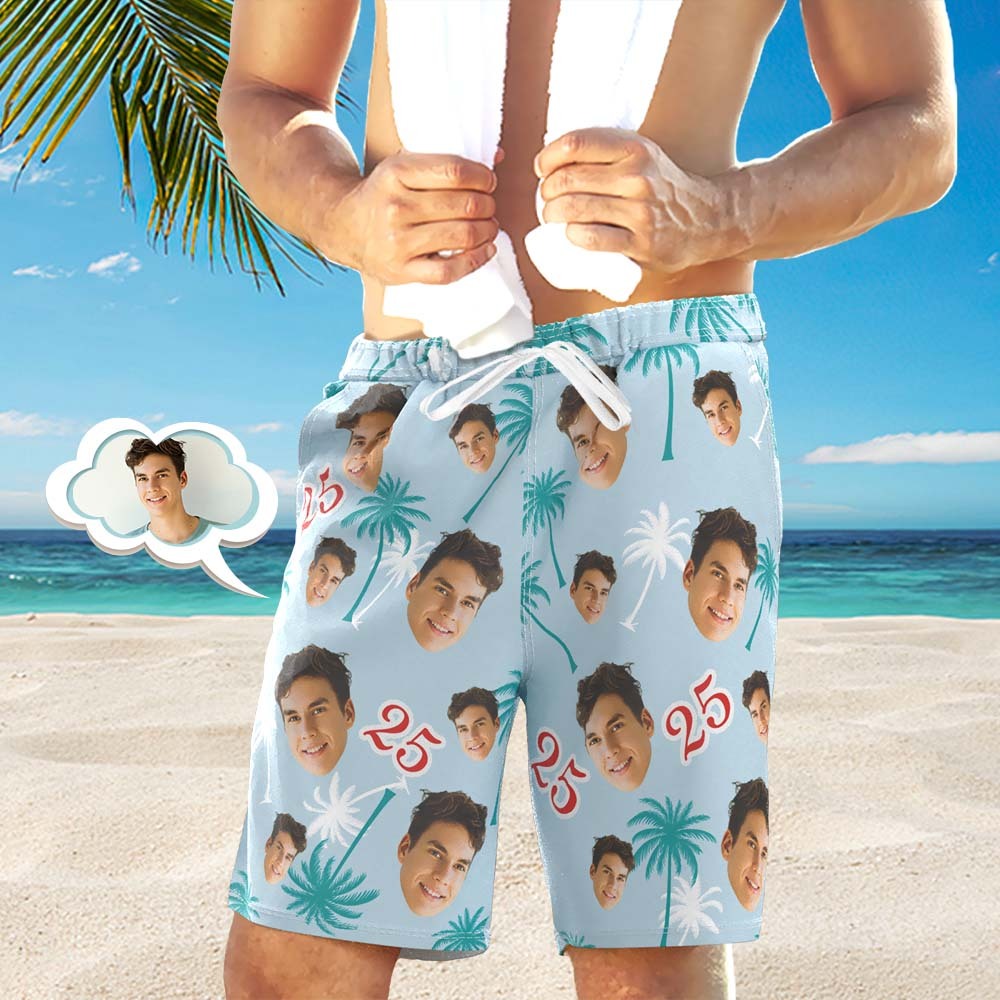 Custom Face And Number Birthday Beach Shorts Red And White Coconut Tree Beach Trunks - MyHawaiianShirts