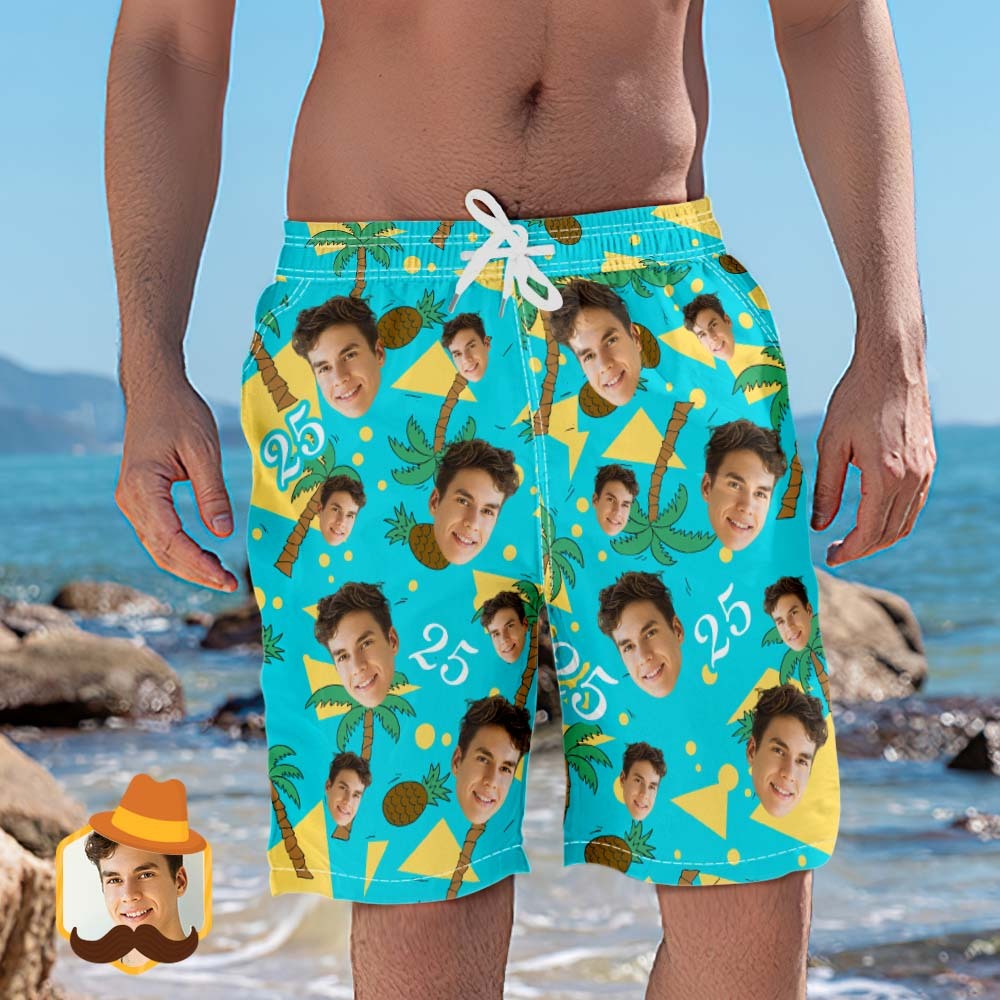Custom Face And Number Beach Shorts Coconut And Pineapple Multicolor Beach Shorts - MyHawaiianShirts