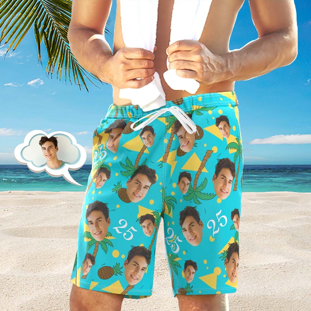 Custom Face And Number Beach Shorts Coconut And Pineapple Multicolor Beach Shorts - MyHawaiianShirts