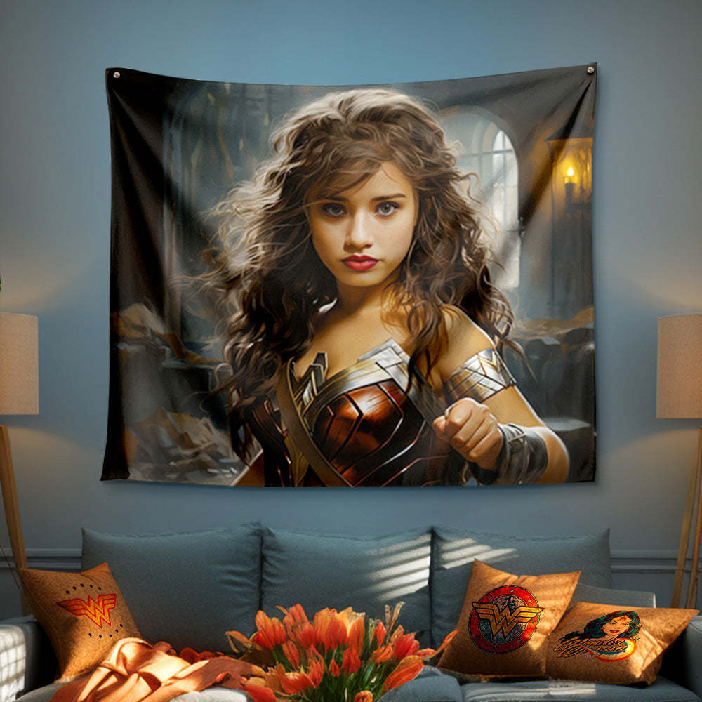 Custom Face Wonder Woman Tapestry Personalized Portrait from Photo Gifts for Her - Get Photo Blanket