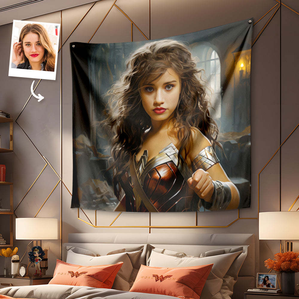 Custom Face Wonder Woman Tapestry Personalized Portrait from Photo Gifts for Her - Get Photo Blanket