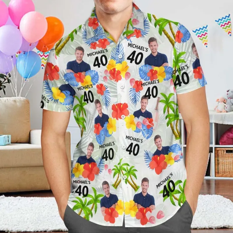Custom Date and Name Birthday Face Hawaiian Shirt Red Flower and Palm Tree Hawaiian Shirt