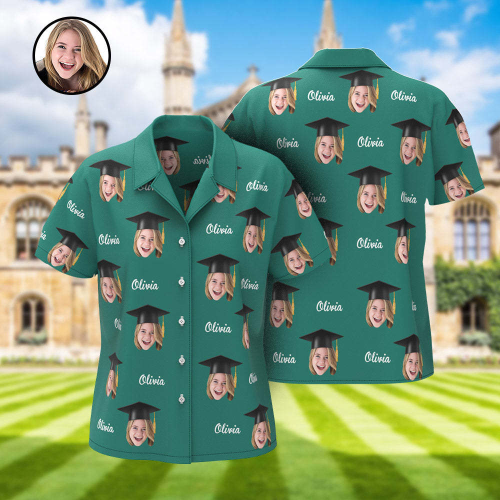 Custom Women's Hawaiian Shirt Personalized Face and Name Aloha Shirts for Graduation Party - MyHawaiianShirts