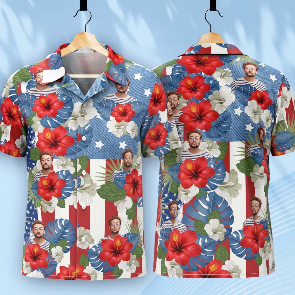 Custom Photo American Flag Hawaiian Shirt Tropical Independence Day Gift Shirt