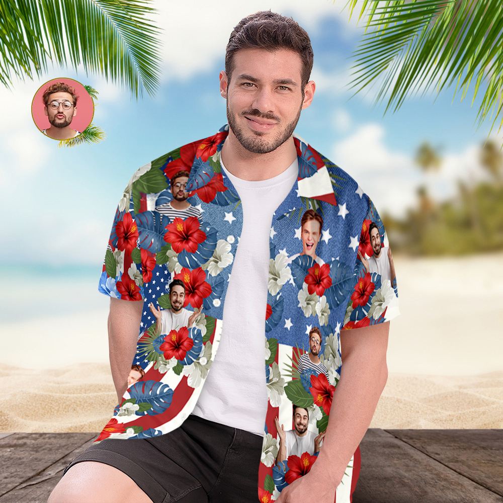 Custom Photo American Flag Hawaiian Shirt Tropical Independence Day Gift Shirt