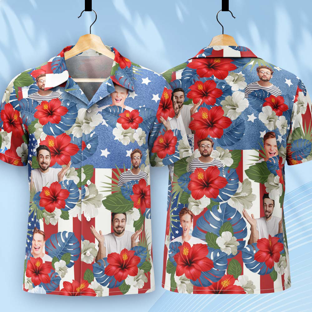 Custom Photo American Flag Hawaiian Shirt Tropical Independence Day Gift Shirt