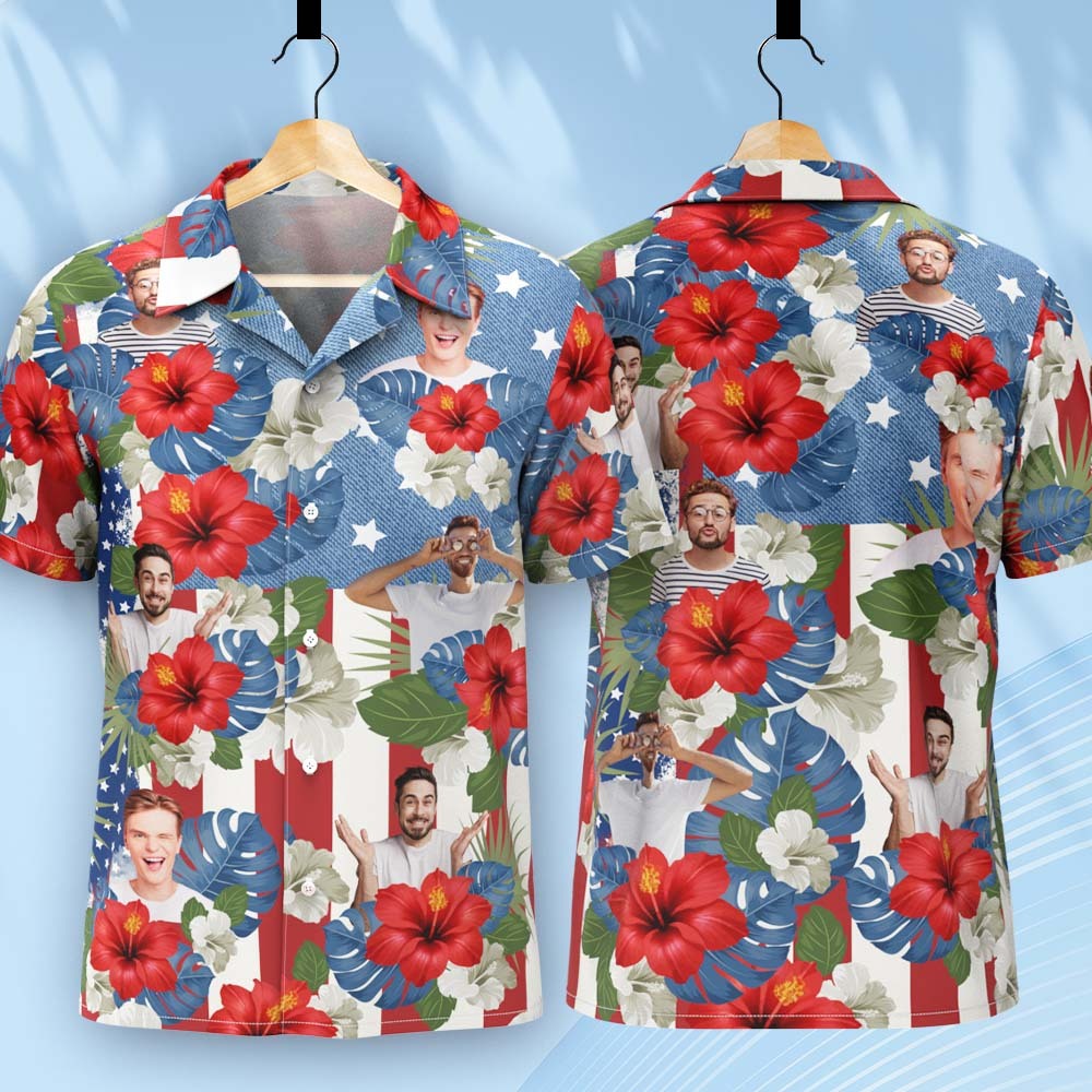 Custom Photo American Flag Hawaiian Shirt Tropical Independence Day Gift Shirt