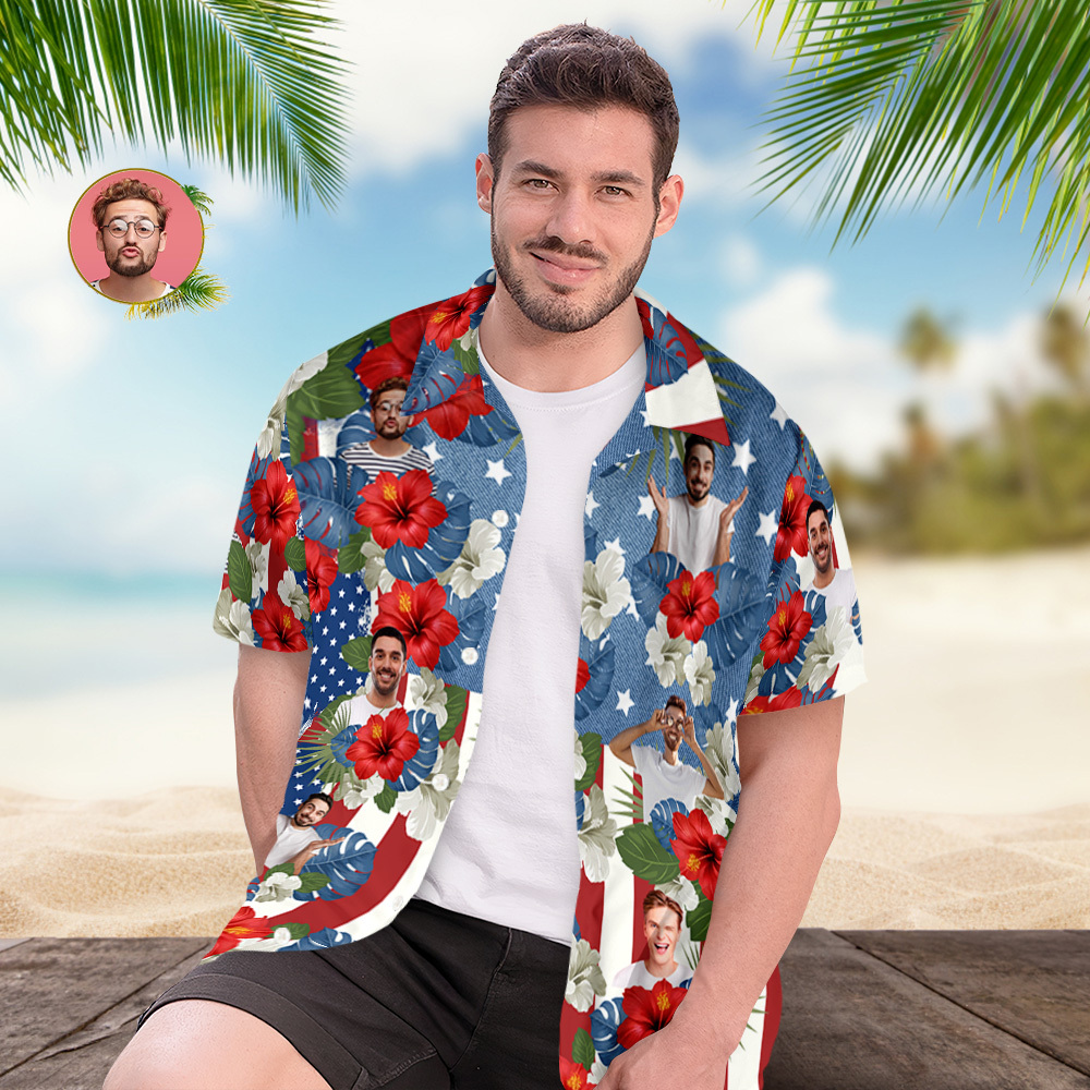 Custom Photo American Flag Hawaiian Shirt Tropical Independence Day Gift Shirt