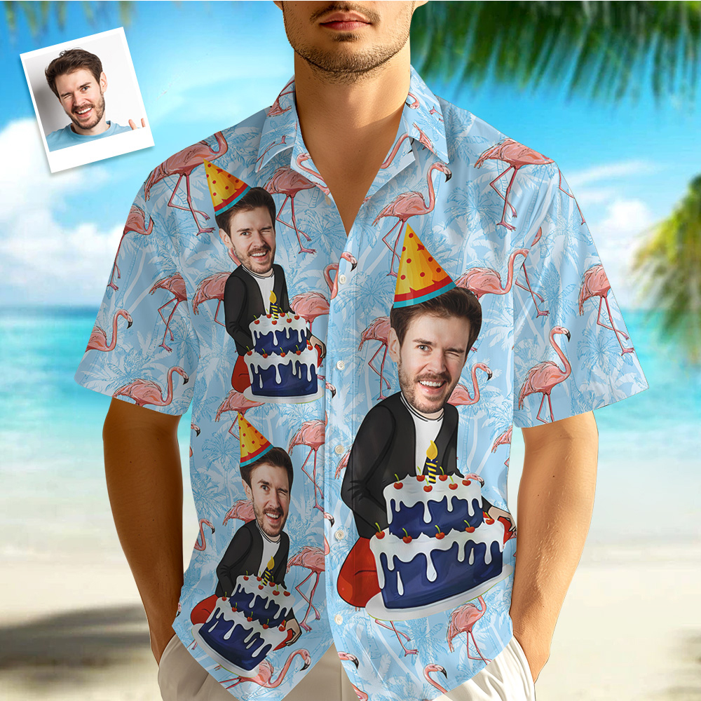 Custom Cartoon Birthday Button-down Shirts With Flamingo & Cake Birthday Gift For Him - Get Photo Blanket