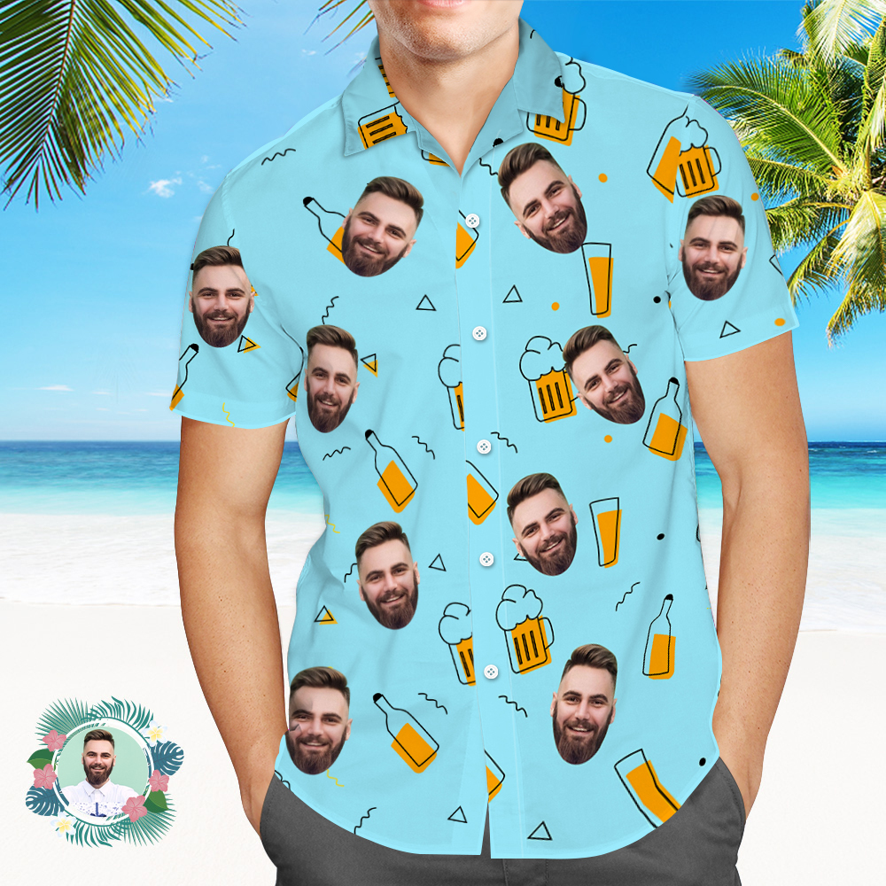 Custom Beer Hawaiian Shirt for Men, Personalized Party Group Hawaii Shirts with Face, Customize Mens Funny Face Shirt Beer Shirts