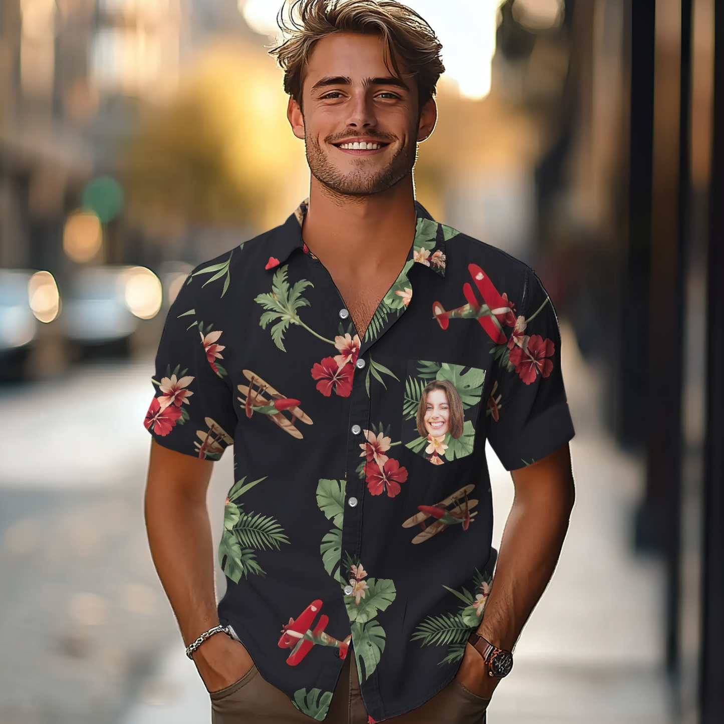 Custom Face Black Tropical Flowers & Leaves Shirts Custom Beach Shirts For Him - Get Photo Blanket