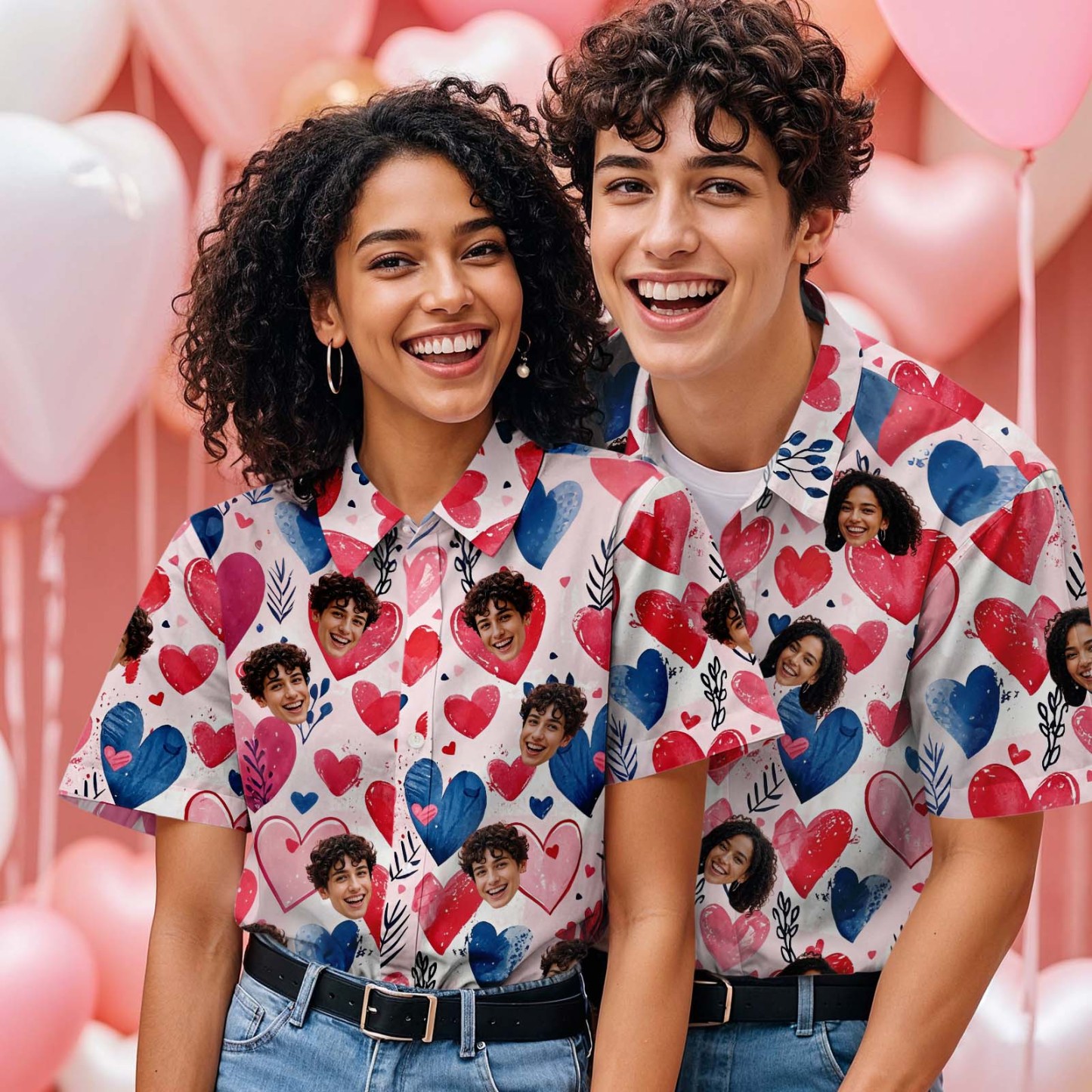 Personalized Pink Heart Hawaiian Shirt Custom Valentine's Day Gift for Couples - Get Photo Blanket
