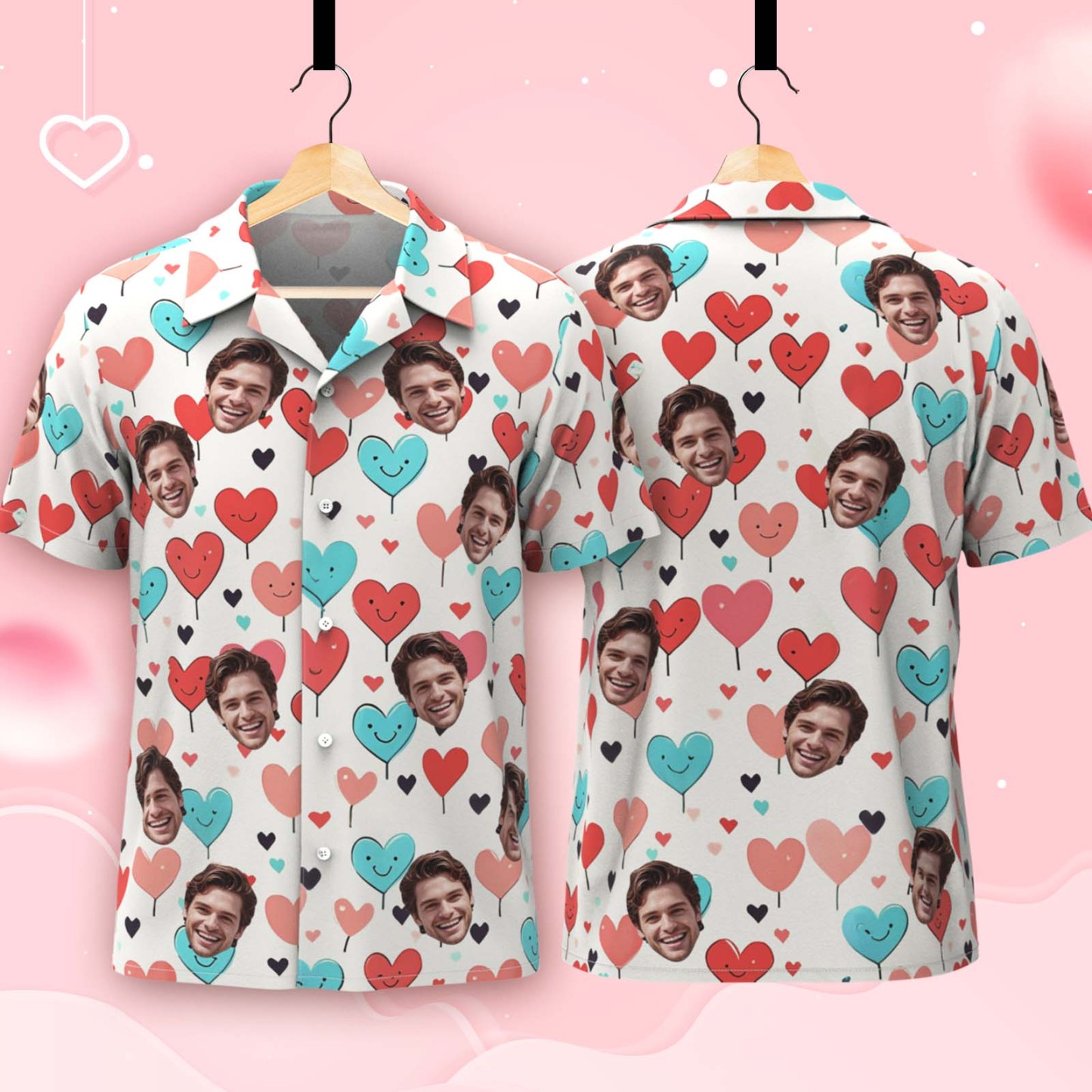 Custom Face Hawaiian Shirt Artistic Pink & Blue Heart Design Personalized Valentine's Day Gift for Couples - Get Photo Blanket