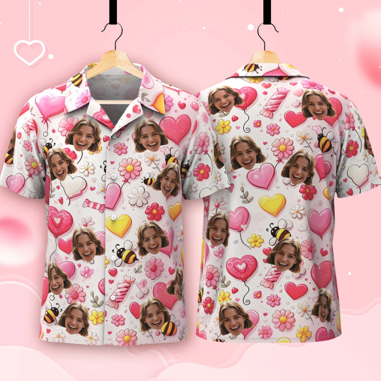 Custom Face Hawaiian Shirt Personalized Valentine's Day Bee Pink Heart and Pink Candy Style Shirt for Couples - Get Photo Blanket