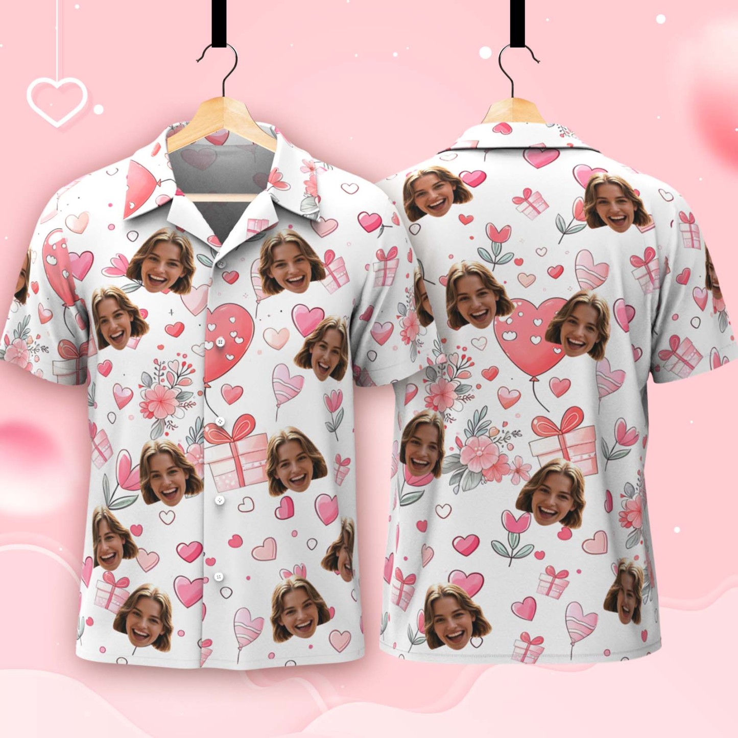 Custom Face Hawaiian Shirt Personalized Valentine's Day Pink Gift Box Style Shirt for Couples - Get Photo Blanket